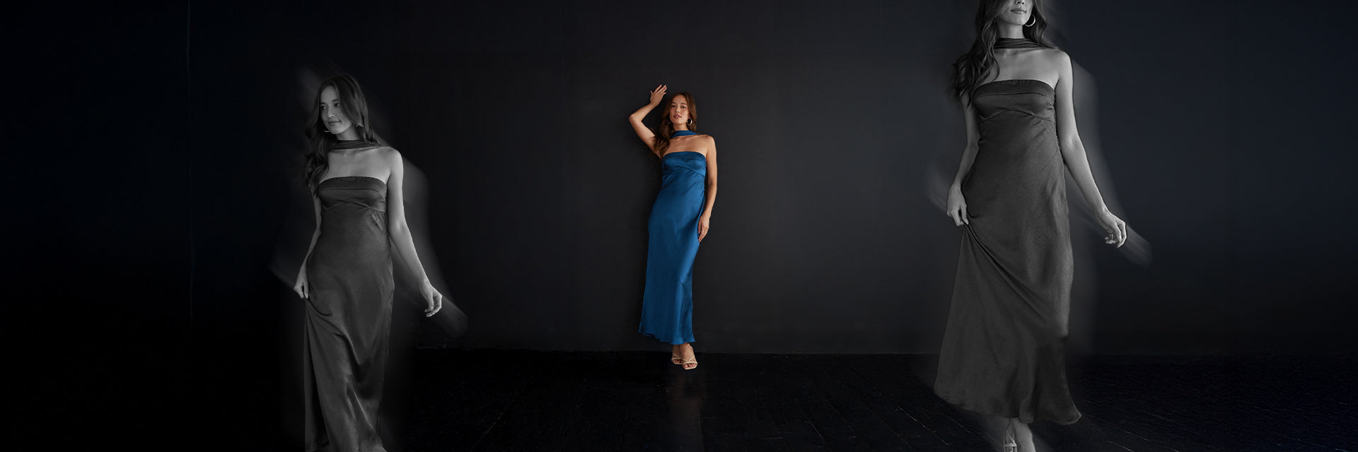 New threads collection | Three women in elegant dresses against a black background