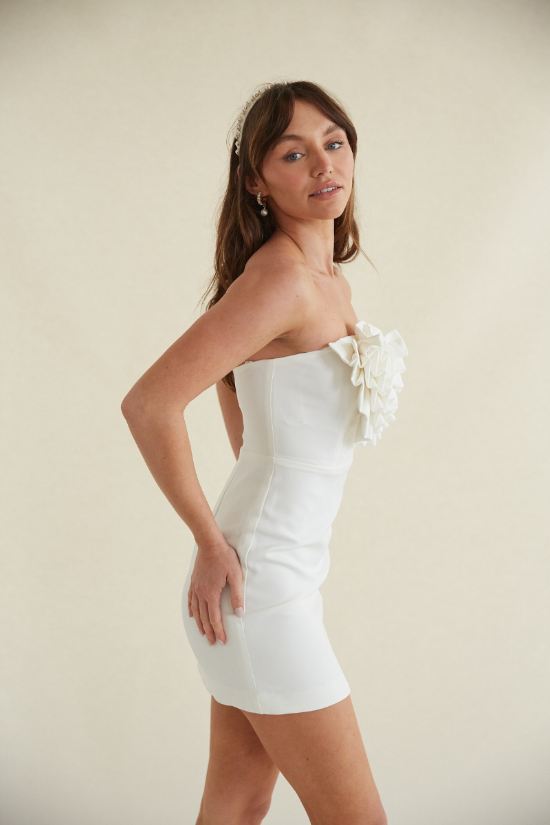 rose ruffle statement white mini dress - unique sorority rush dress - white graduation mini dress