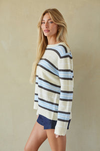 A woman wearing a cream knit sweater with horizontal stripes in light blue, navy, and black, paired with dark denim shorts, standing against a textured beige wall.