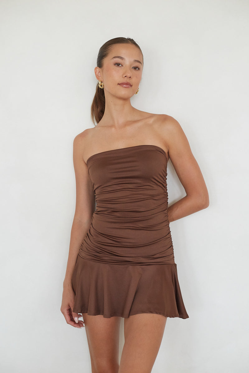 Alora Strapless Ruched Mini Dress, Red / S