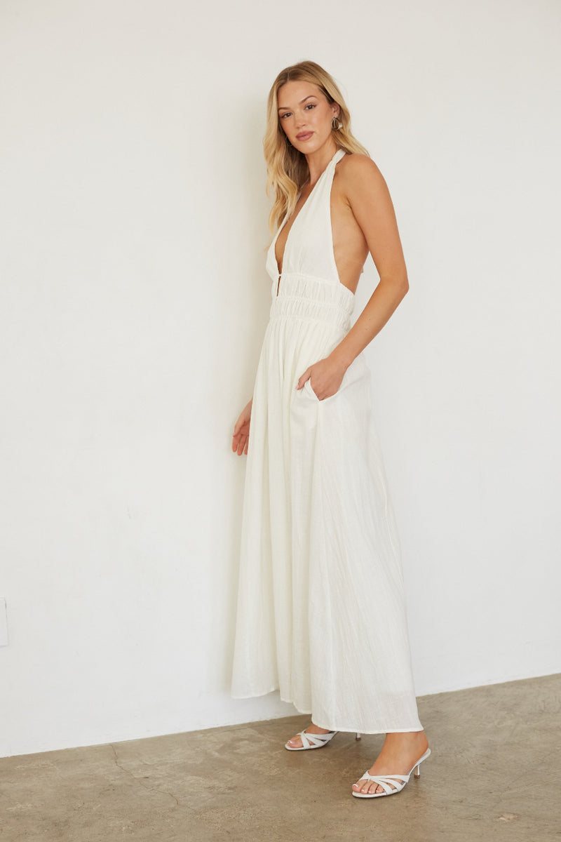 white maxi sleeveless dress Arden Linen Halter resort vacation mini dress The crisp white hue LOPCSA Womens Cocktail Skater Size:7 US Men (6 UK/AU)