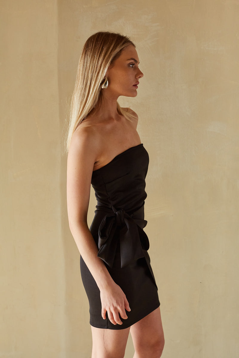 strapless slip on mini dress - black bodycon dress- bow tie wrap front mini dress 