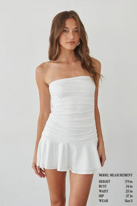 white-image | Front-image | Strapless Ruched White  Mini Dress | front view highlighting the fitted, ruched bodice and flared hem of the mini dress.