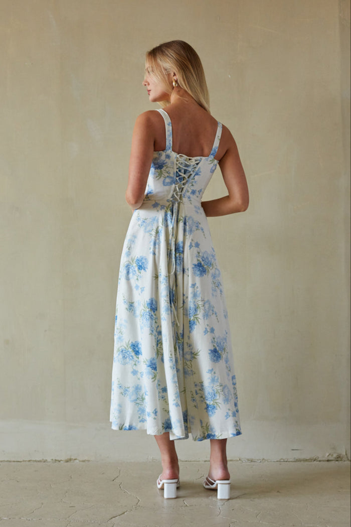 blue floral print midi dress Casual Blue Midi Summer Dress with Floral Print Blue Floral / Large