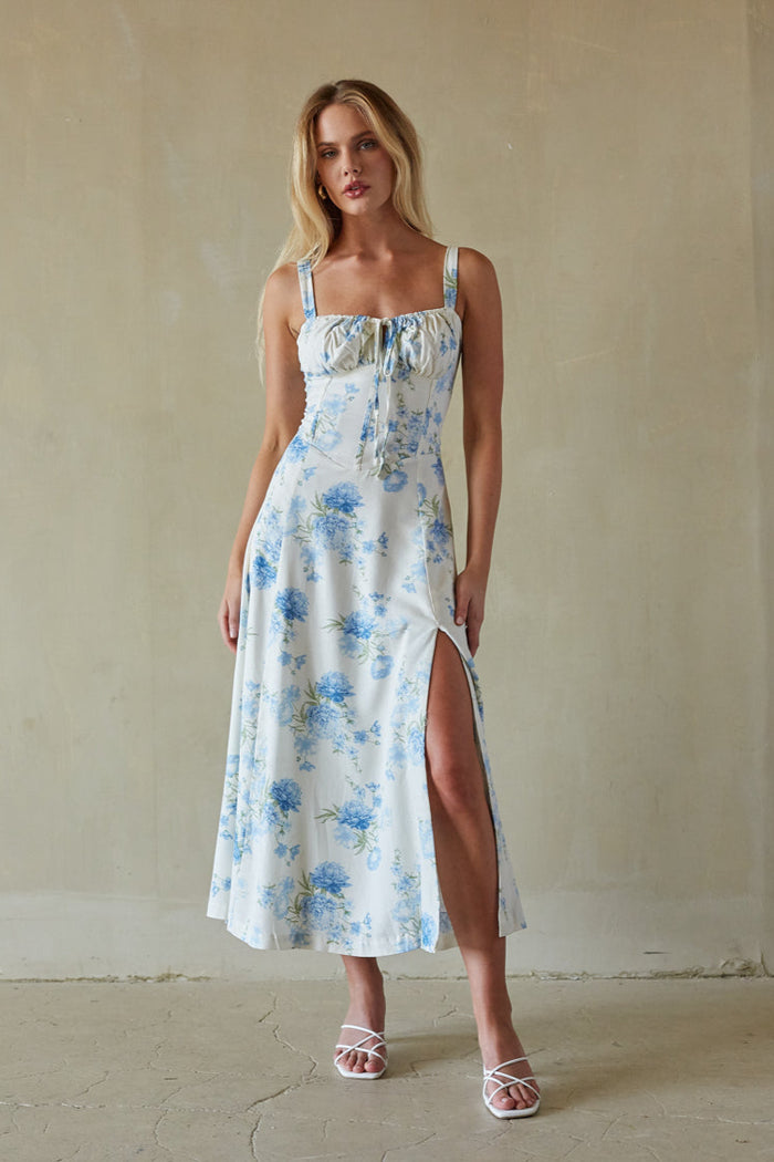 Angelina Sweetheart Floral Midi Dress American Threads Boutique Blue Floral / L Angelina Sweetheart Floral Midi Dress American Threads Boutique Blue Floral / L