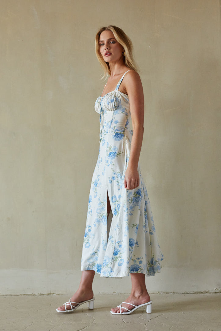 Angelina Sweetheart Floral Midi Dress • American Threads Boutique Blue Floral / L Angelina Sweetheart Floral Midi Dress • American Threads Boutique Blue Floral / L