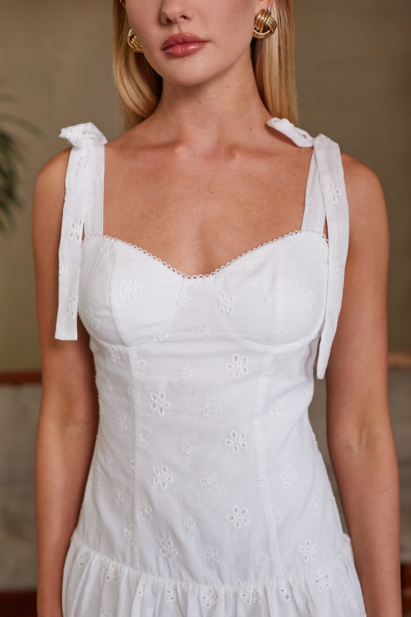 Annelise Eyelet Bow Straps Mini Dress, White / S