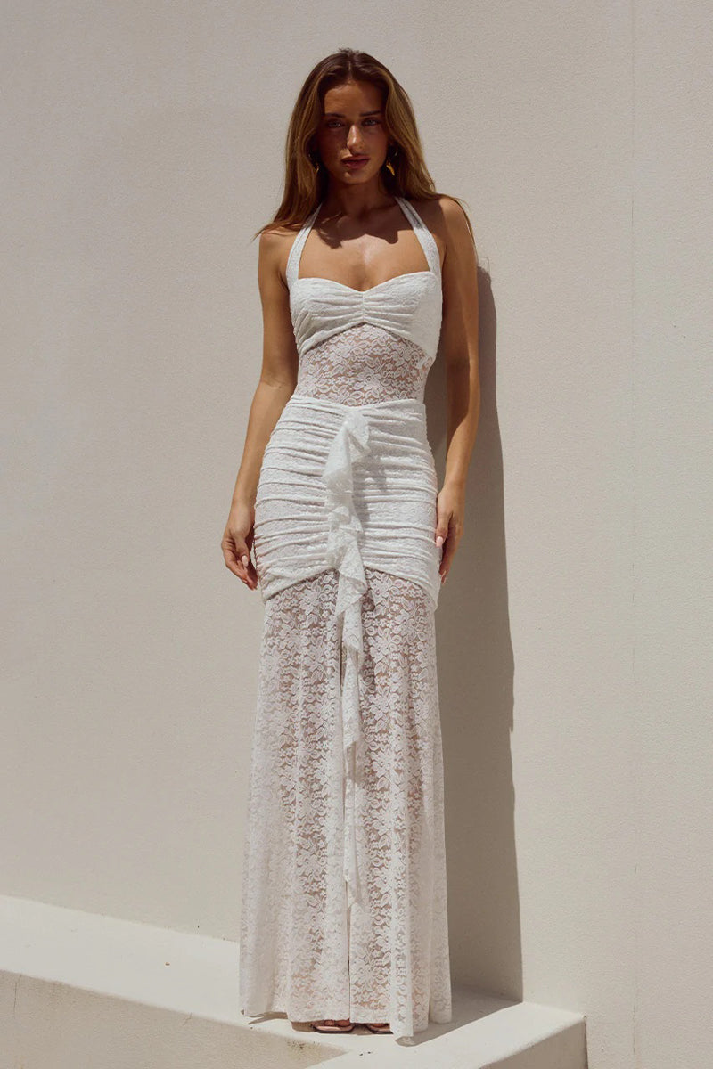 elegant white lace dress Annika Maxi – American Threads Inner lining shorter than Open Back Black Lace Color:Port Backless Mini Dress