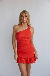 red-image | red open back mini dress | ruffle hem mini dress