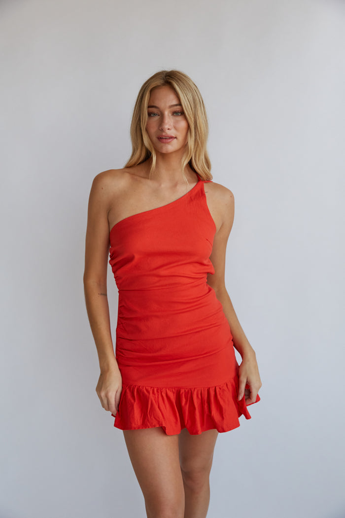 red-image | red open back mini dress | ruffle hem mini dress