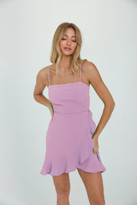 lilac purple wrap dress - side tie mini dress- sorority recruitment outfit inspo - simple spring dress