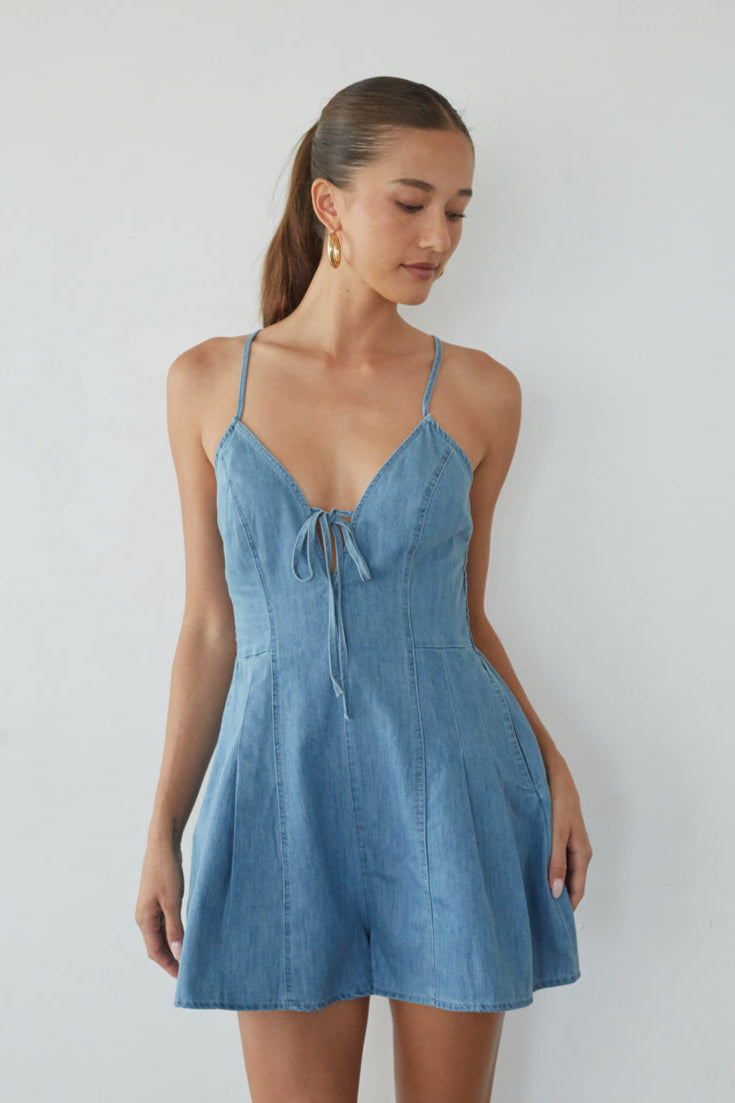 Bea Front Tie Denim Romper, Denim / M