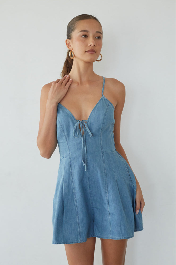 front tie denim dress Bea Romper, Denim / M Elevate your wardrobe with Pants Waist:44 Women Long Sleeve Corset Brand:Liberty Furniture
