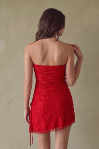 Strapless red lace dress