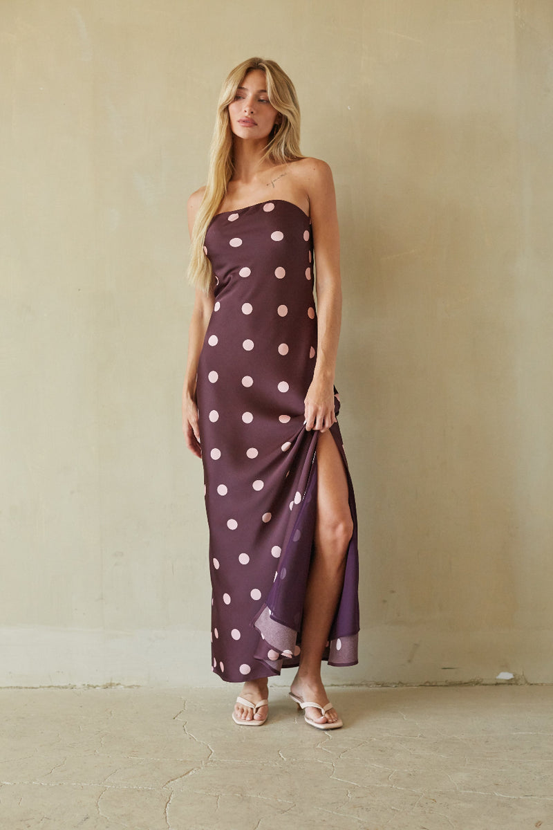 brown polka dot strapless dress Bronwyn Satin Maxi Featuring a fully lined