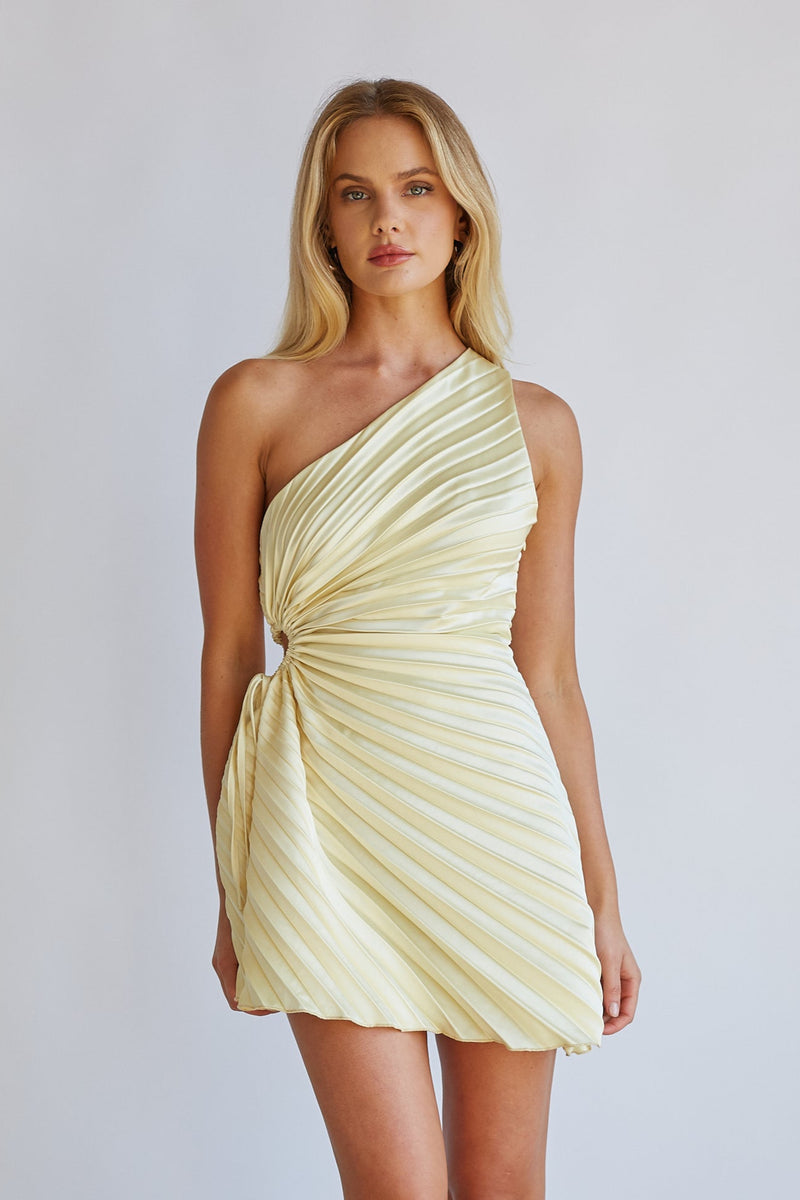 Carrie One Shoulder Pliss Mini Dress | One Shoulder Fit & Flare | American Threads Butter Yellow / S Carrie One Shoulder Pliss Mini Dress | One Shoulder Fit & Flare | American Threads Butter Yellow / S