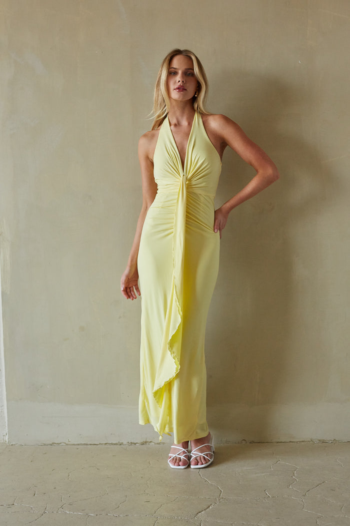 Cecelia Halter Draped Maxi Dress Shop American Threads Boutique Butter Yellow / M Cecelia Halter Draped Maxi Dress Shop American Threads Boutique Butter Yellow / M