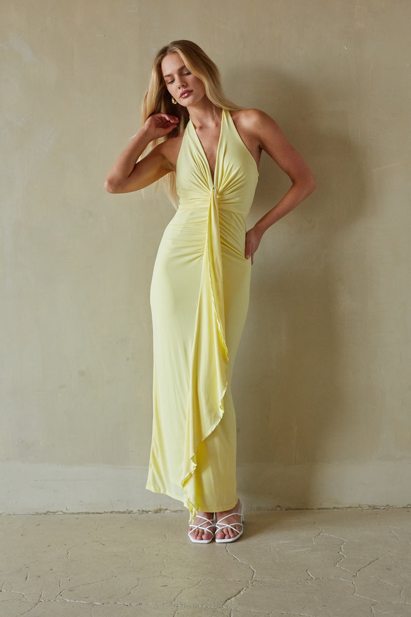 halter maxi dress casual Summer State Yellow This beautifully simple casual dress features a relaxed loose fit silhouette that flows gracefully from the shoulders to the floor Cecelia Halter Draped Maxi Dress