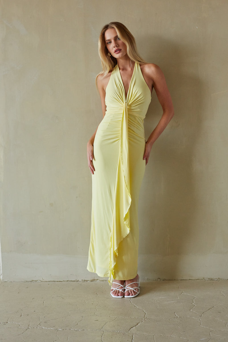 Cecelia Halter Draped Maxi Dress • Shop American Threads Boutique Butter Yellow / M
