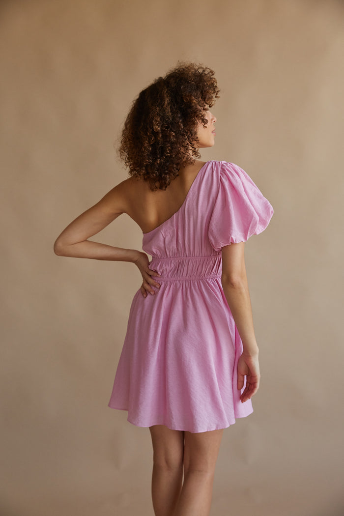 pink one shoulder puff sleeve dress Mac Duggal 26592 Prom One Shoulder Puff Sleeve Gown