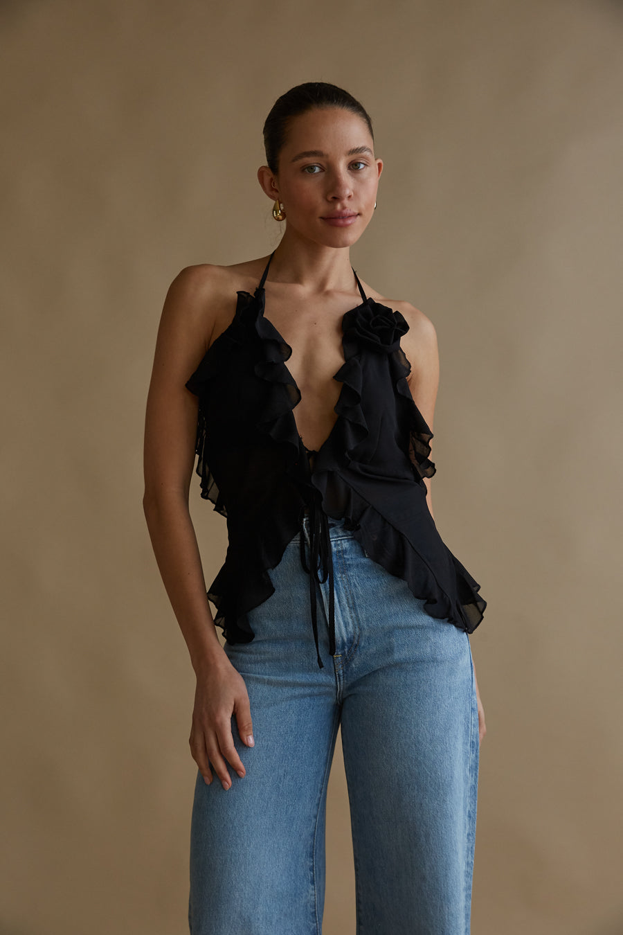 black chiffon ruffle tie top | trending going out top 2024