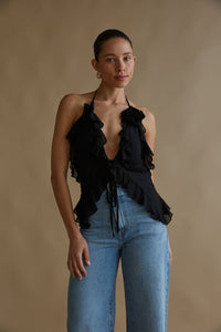 black chiffon ruffle tie top | trending going out top 2024