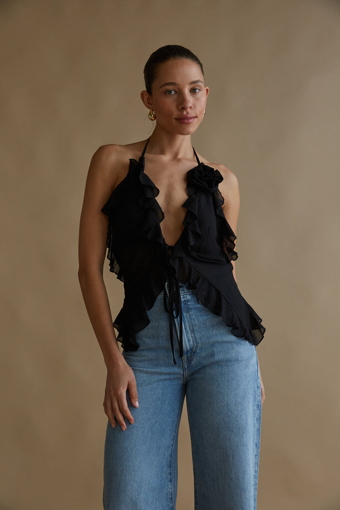 black chiffon ruffle tie top | trending going out top 2024