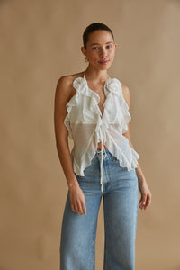 white chiffon ruffle open front top | summer going out top