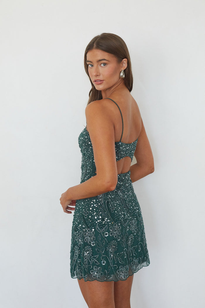 Emerald beaded sequin mini dress, back view with open back cutout detail