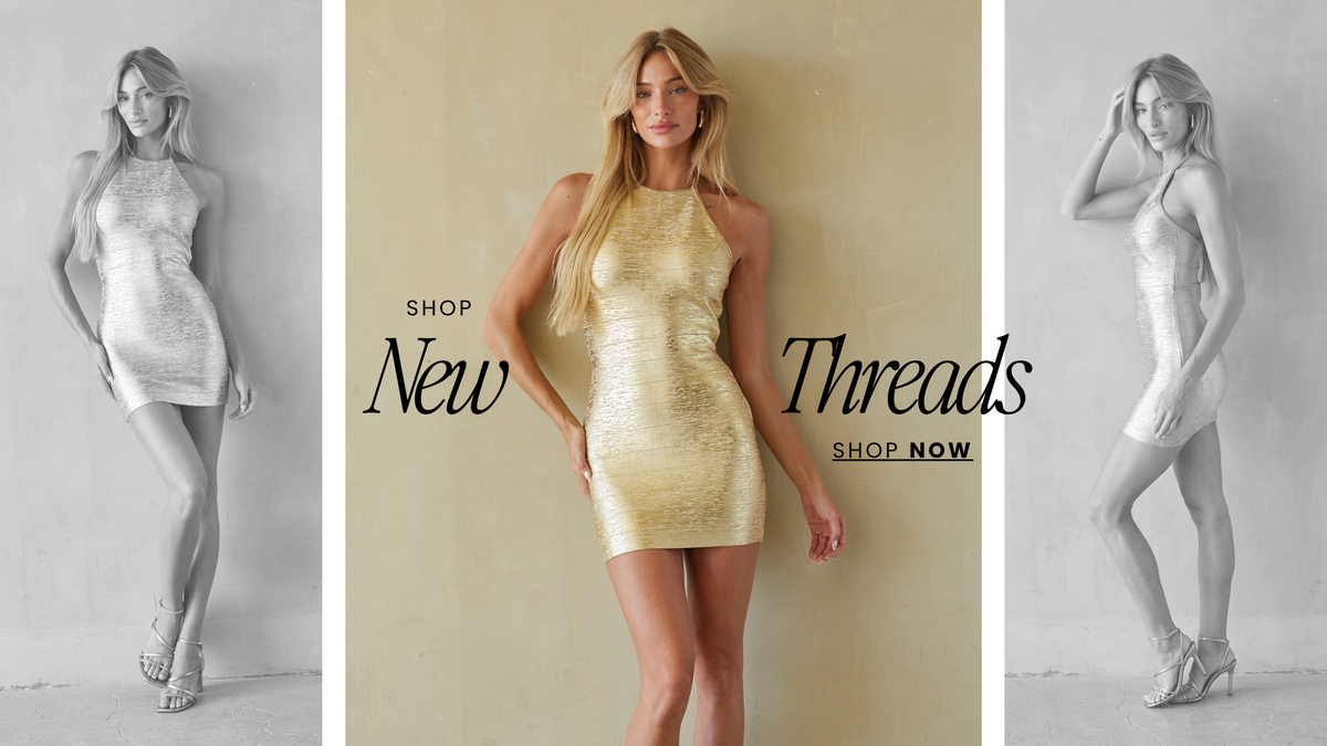 A promotional collage showing a woman modeling a fitted mini dress in three panels: grayscale on the left, full-color center with the text 'SHOP New Threads SHOP NOW,' and grayscale on the right.