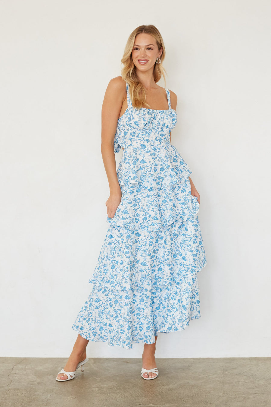 Everlee Bustier Tiered Maxi Dress • Shop American Threads Boutique Blue Floral / XS