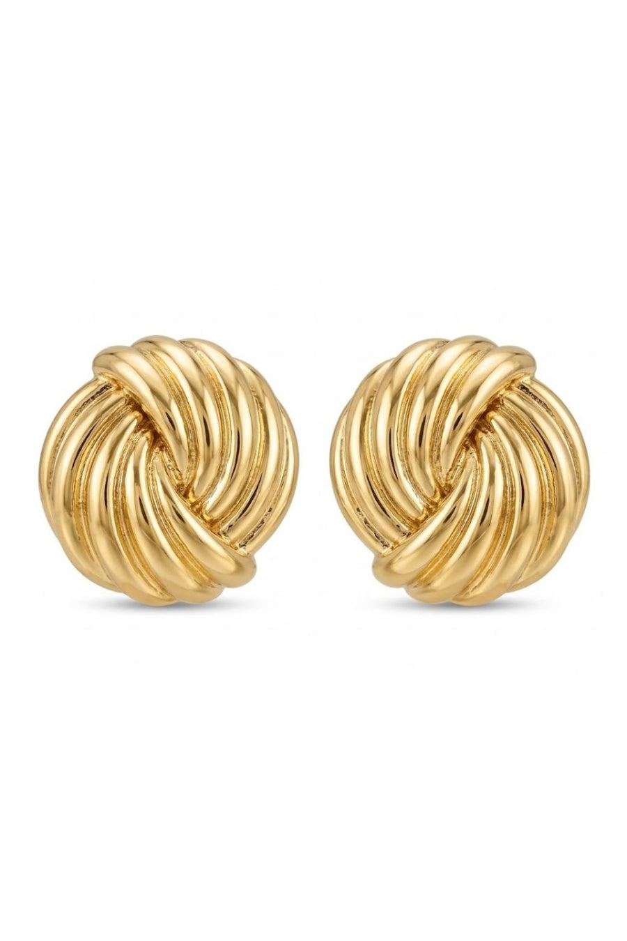 A pair of gold knotted post earrings with a textured, ribbed design, shown on a plain white background.