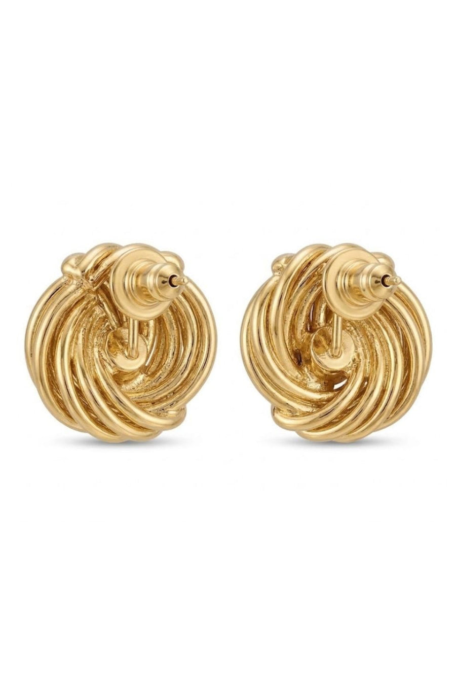 A pair of gold-toned, textured spiral hoop earrings on a clean white background.