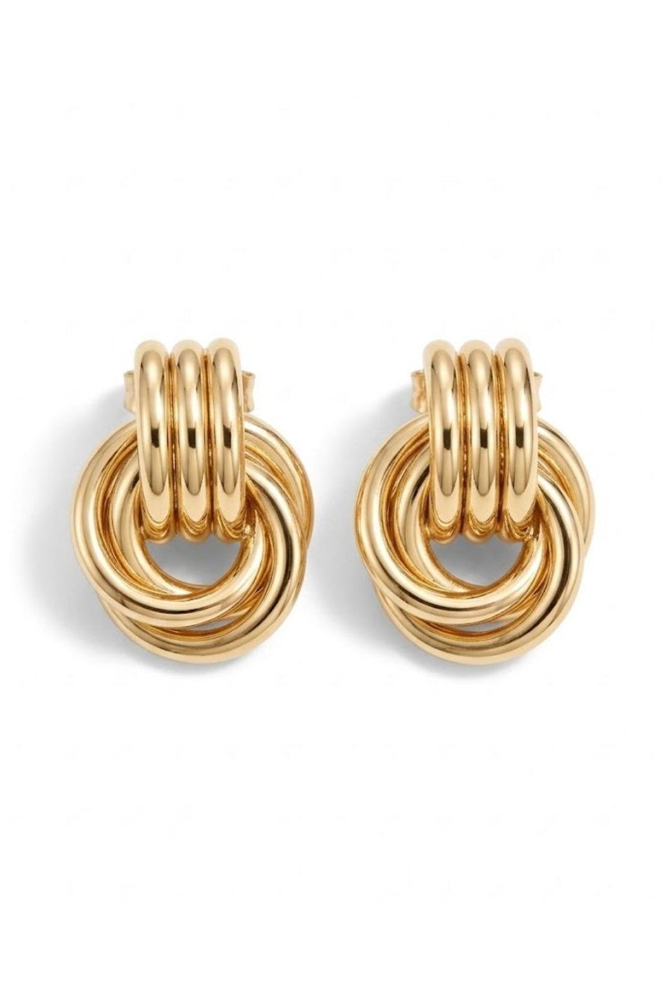 A pair of gold-toned hoop earrings with a multi-ring, coiled design, shown on a clean white background.