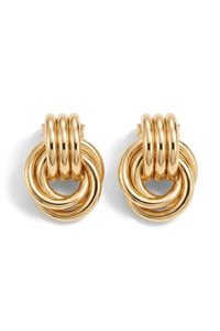 A pair of gold-toned hoop earrings with a multi-ring, coiled design, shown on a clean white background.