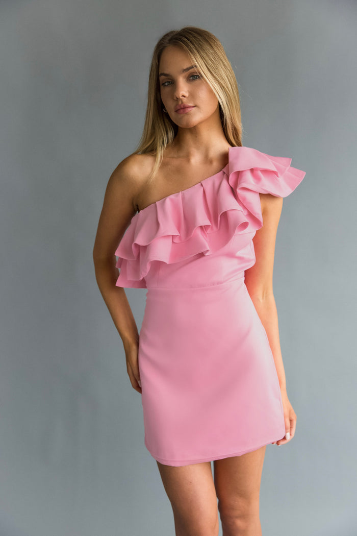 Edith One Shoulder Ruffle Mini Dress Shop American Threads Boutique Light Pink / S Edith One Shoulder Ruffle Mini Dress Shop American Threads Boutique Light Pink / S