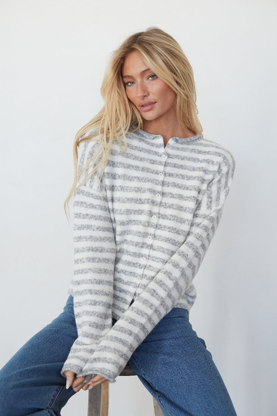 Frances Button-Up Cardigan | Knit Crew Neck Cardigan Sweater