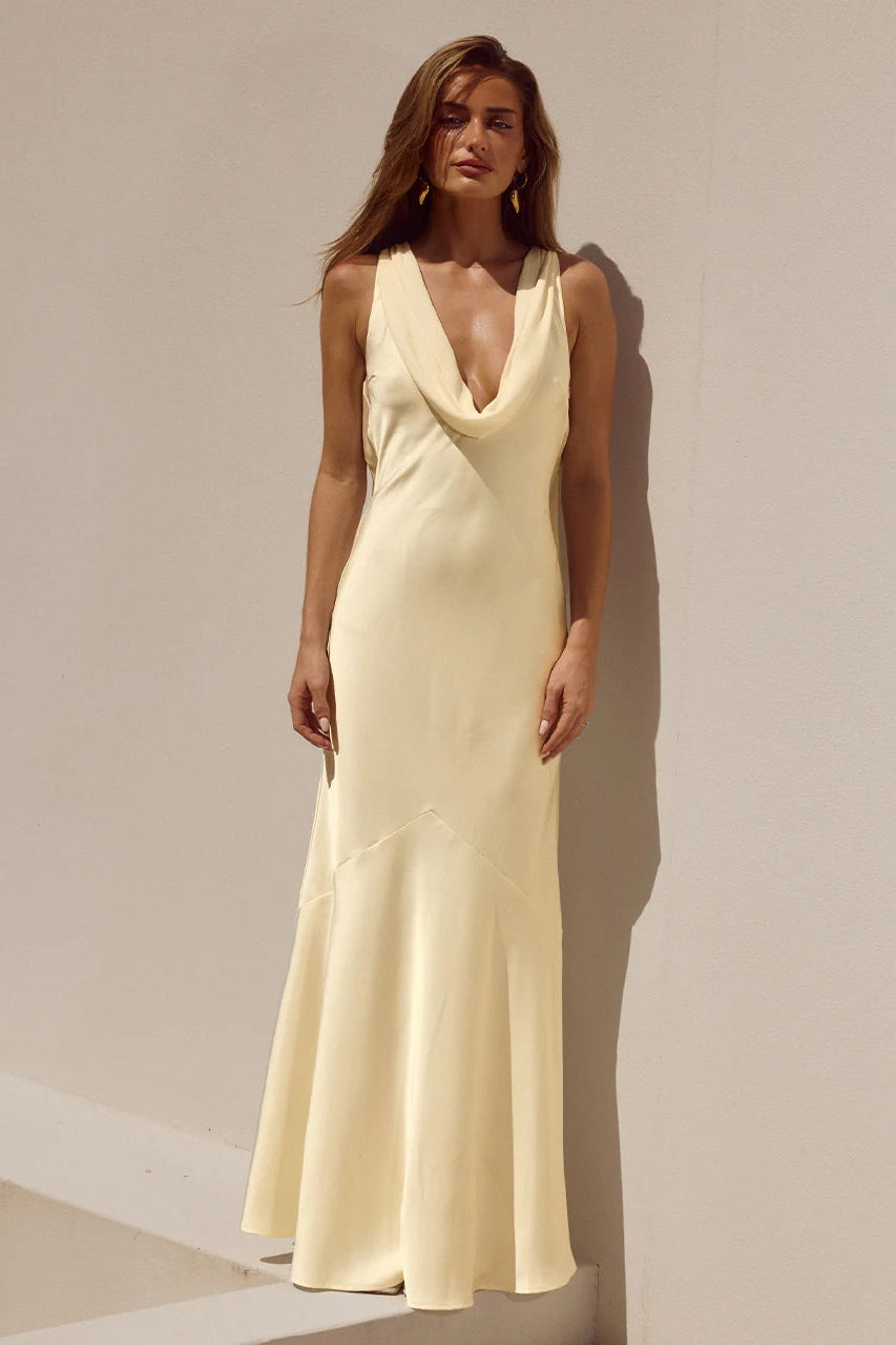 beige cowl neck dress Chills Cowl Neck Satin Maxi Dress Champagne