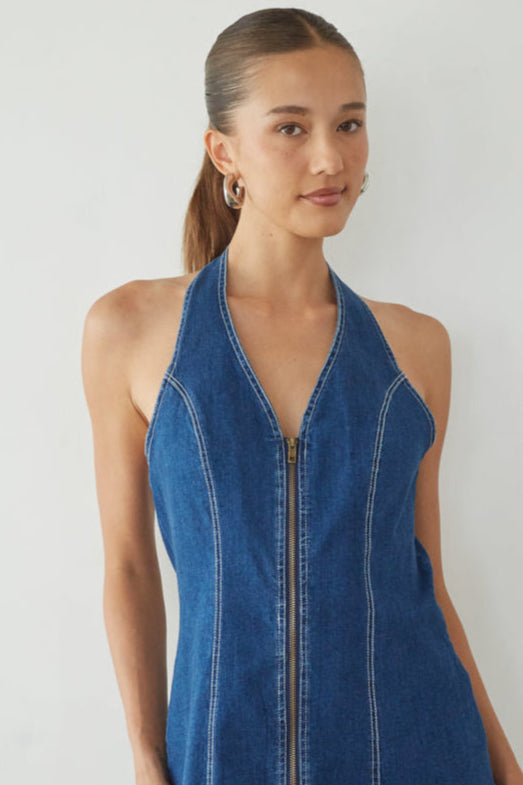 Graylee Halter Denim Mini Dress | Shop American Threads Boutique Denim / L Graylee Halter Denim Mini Dress | Shop American Threads Boutique Denim / L