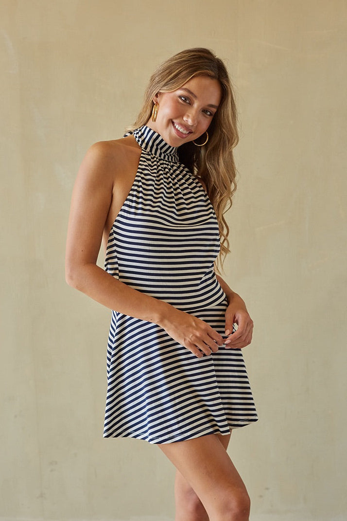 navy blue and white striped dress Mackenna Navy Cotton Stripe Halter Smock Back Maxi Dress main image 0