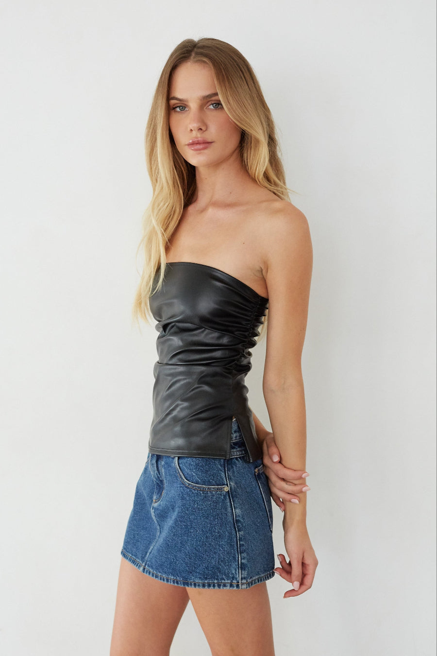 leather tube top dress Indah Faux dev-position-new-dresses:number:26 Black Christmas Dresses | Collection:White Stripes 100% polyester
