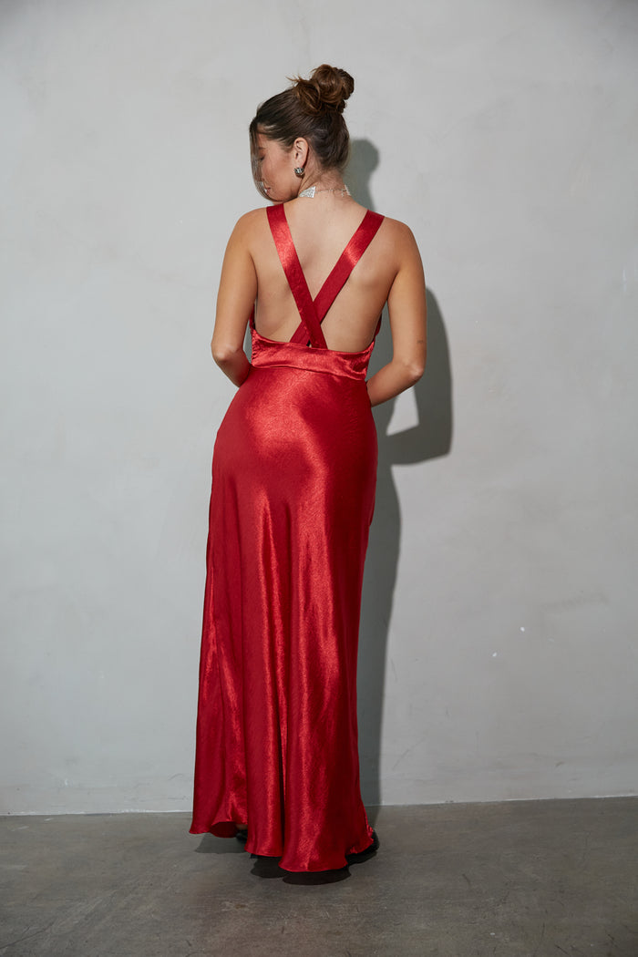 Illianna Open Back Satin Maxi Dress • Shop American Threads Online Red / M