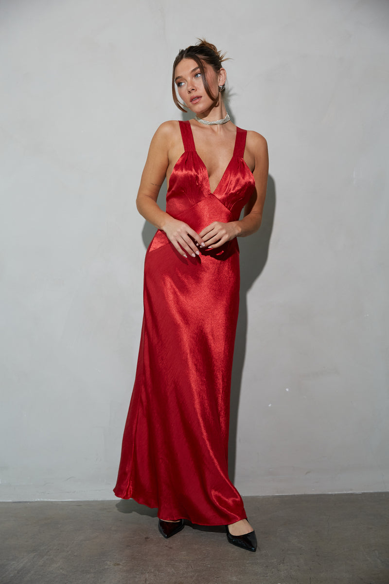 Illianna Open Back Satin Maxi Dress Shop American Threads Online Red / M Illianna Open Back Satin Maxi Dress Shop American Threads Online Red / M