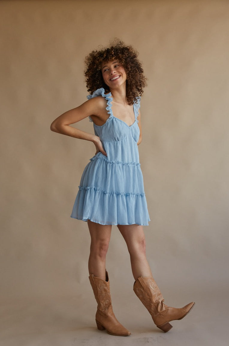 Iridessa Tiered Ruffle Babydoll Mini Dress, Powder Blue / M