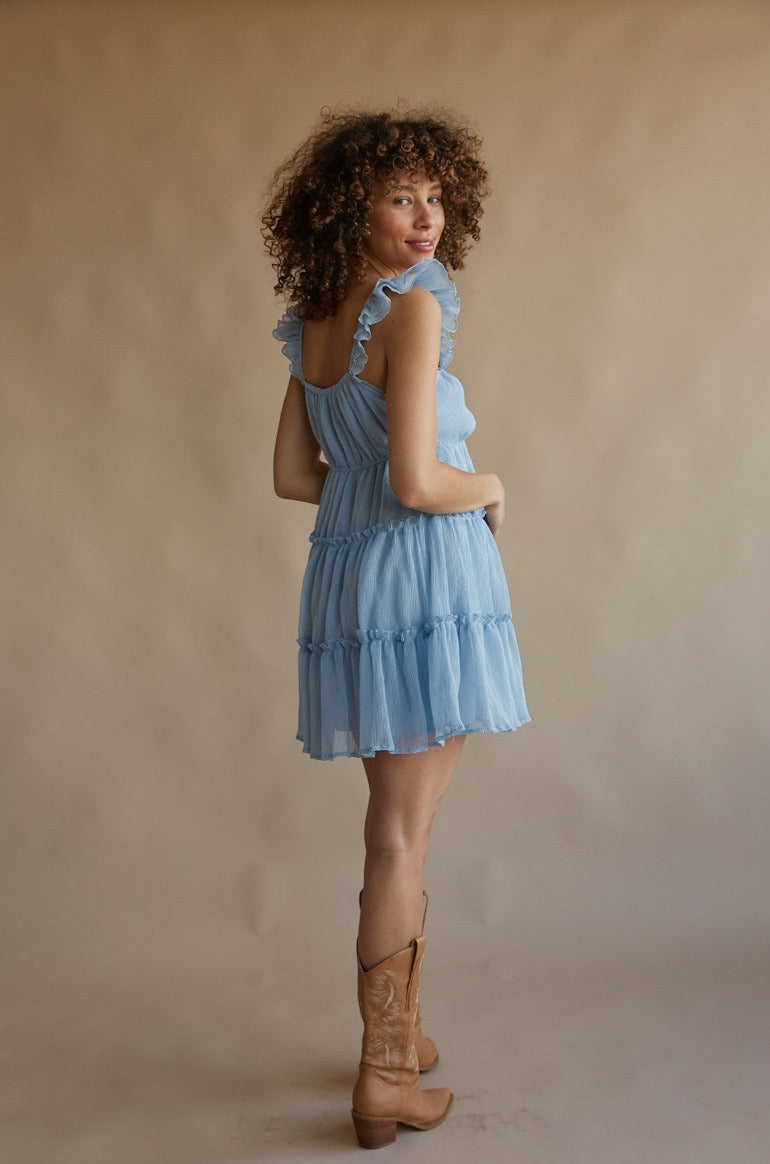 sky blue flutter strap tiered flowy mini dress | powder blue coquette core mini dress