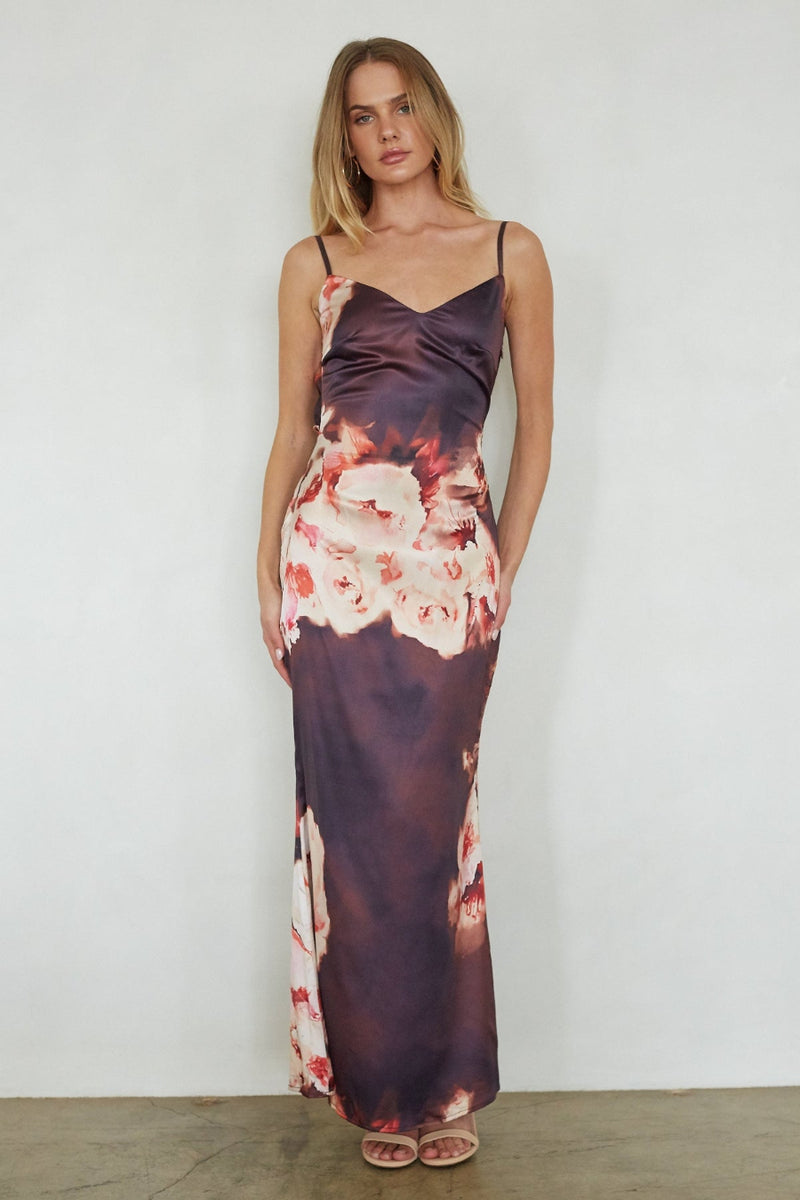 Jenny Satin Floral Maxi Dress, Brown / L