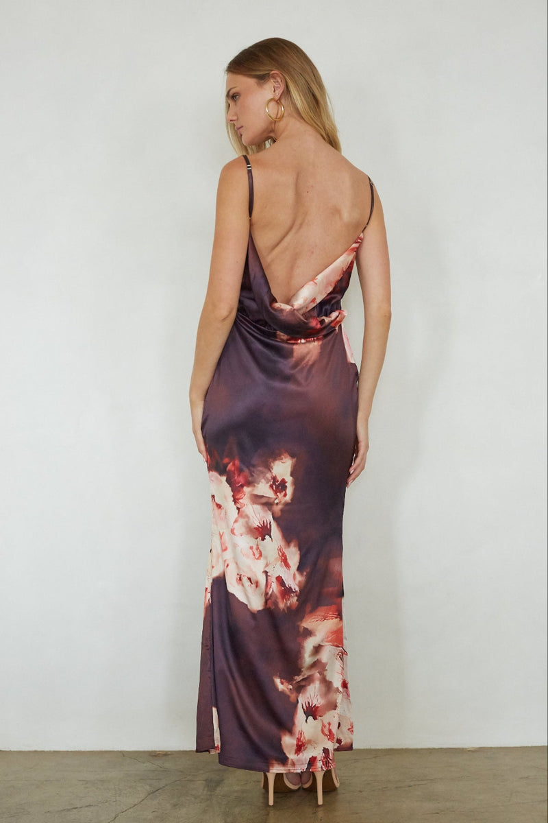 Jenny Satin Floral Maxi Dress, Brown / L
