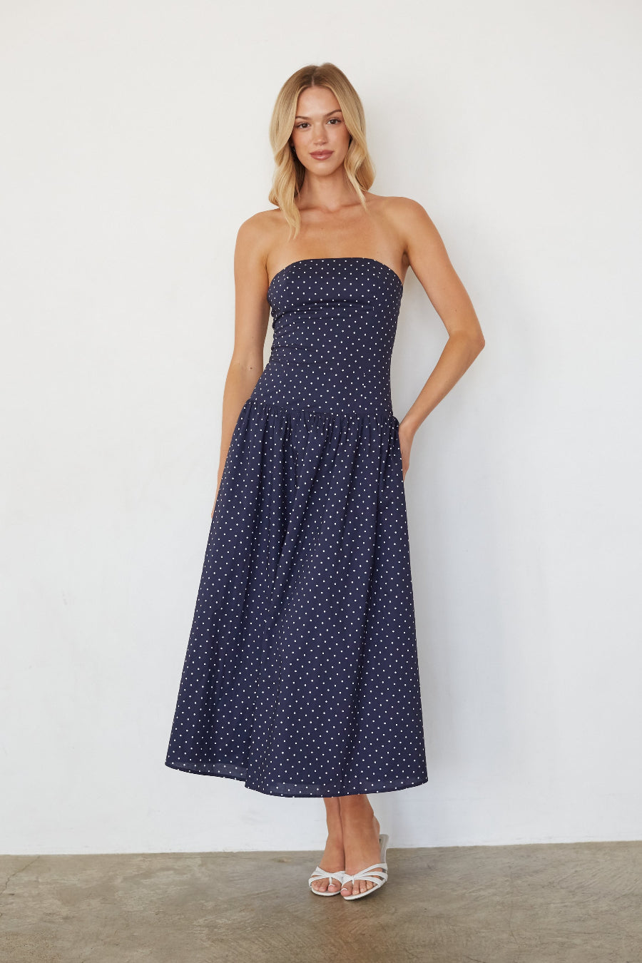 blue white polka dot dress Light & Swing CL136792452 The Navy V Neck Polka