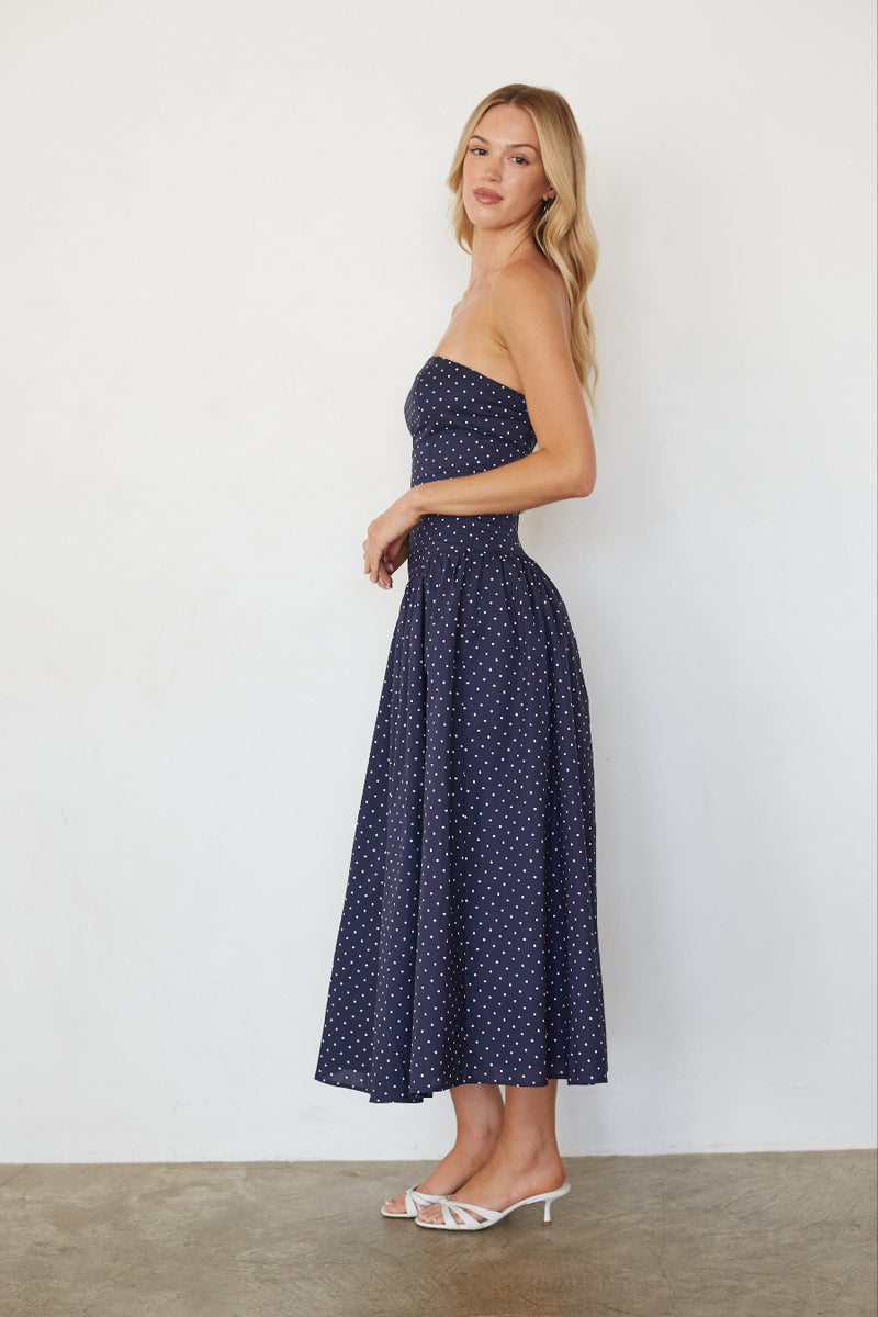 knee length dresses for ladies Strapless Polka Dot Midi Dress - She + Sky main image 1