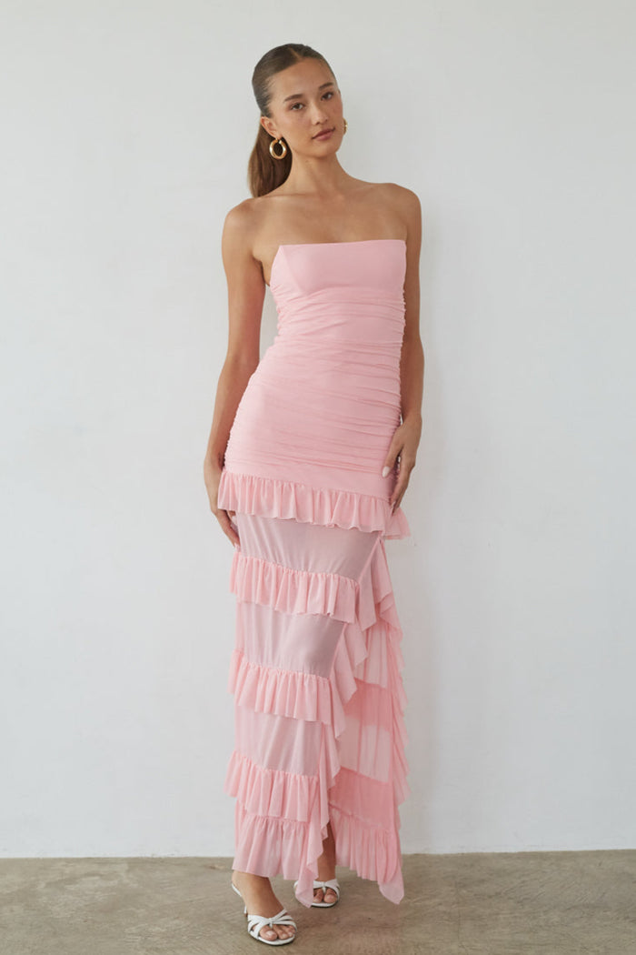 Joss Mesh Ruffle Maxi Dress | Shop American Threads Boutique Pink / L Joss Mesh Ruffle Maxi Dress | Shop American Threads Boutique Pink / L